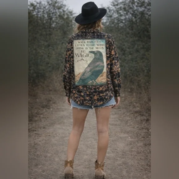 Angry Minnow Bleach Splatter Flannel Shirt Raven Graphic Boho Grunge Witchy XXL - Picture 14 of 16